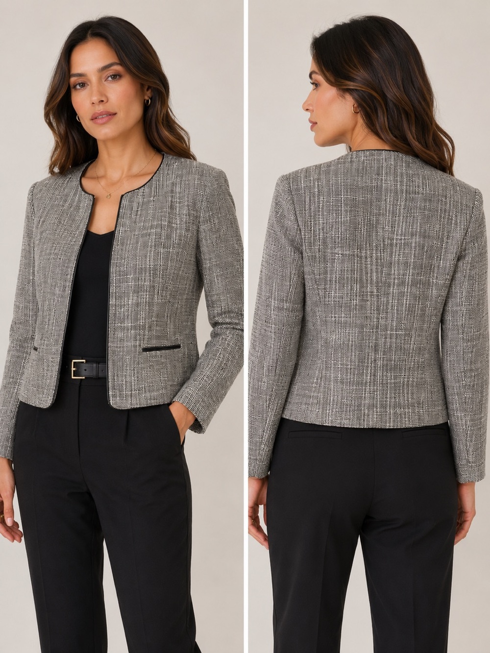 Tanjay Tweed Collarless Blazer Jacket